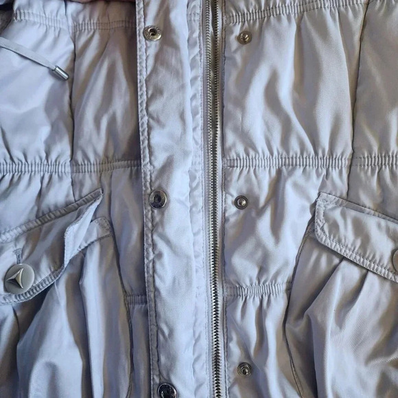 Naf Naf Silver Snap Front Zip Jacket Real Fur Detachable Packable Hood Small - Picture 9 of 12